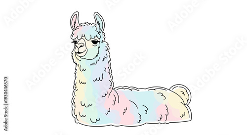 Colorful Cartoon Llama Sitting on Ground.