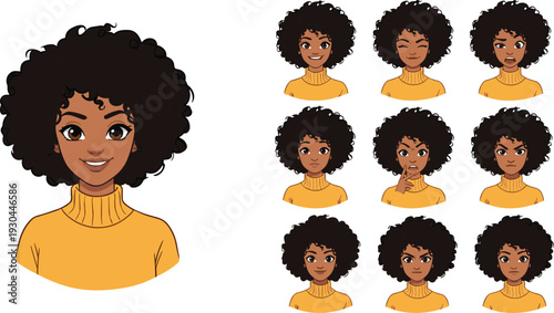 Beautiful Black Woman Avatar Set with Different Facial Expressions Wearing Yellow Sweater Isolated on White Background Illustration