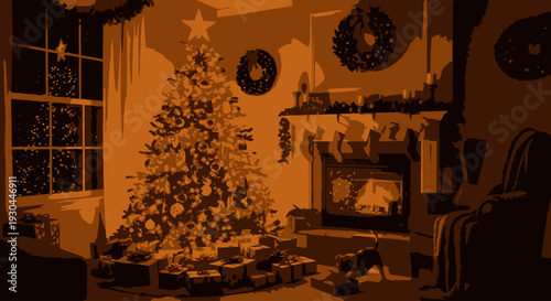 Christmas Tree with Decorations and Gifts.