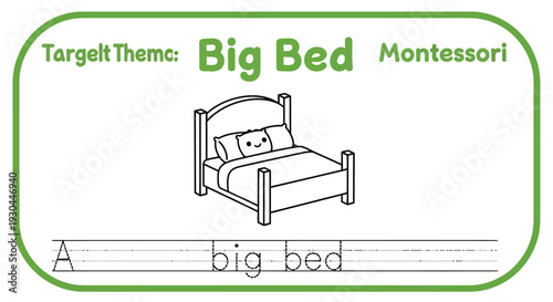 Montessori Big Bed Learning Sheet with Cute Bed Illustration and Tracing Practice