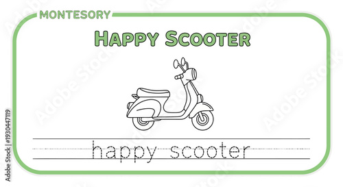 Montessori Happy Scooter Coloring Page for Kids - Traceable Text