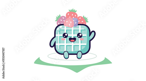 A cartoon waffle character with a cheerful expression and topped with strawberries.