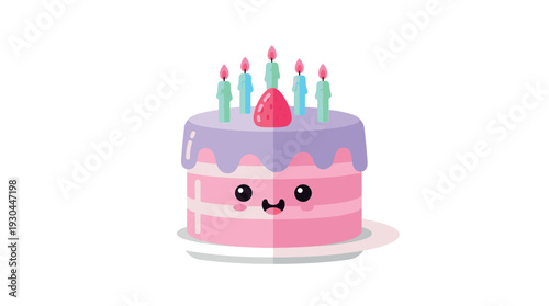 A cartoon birthday cake with a smiling face and candles on top.