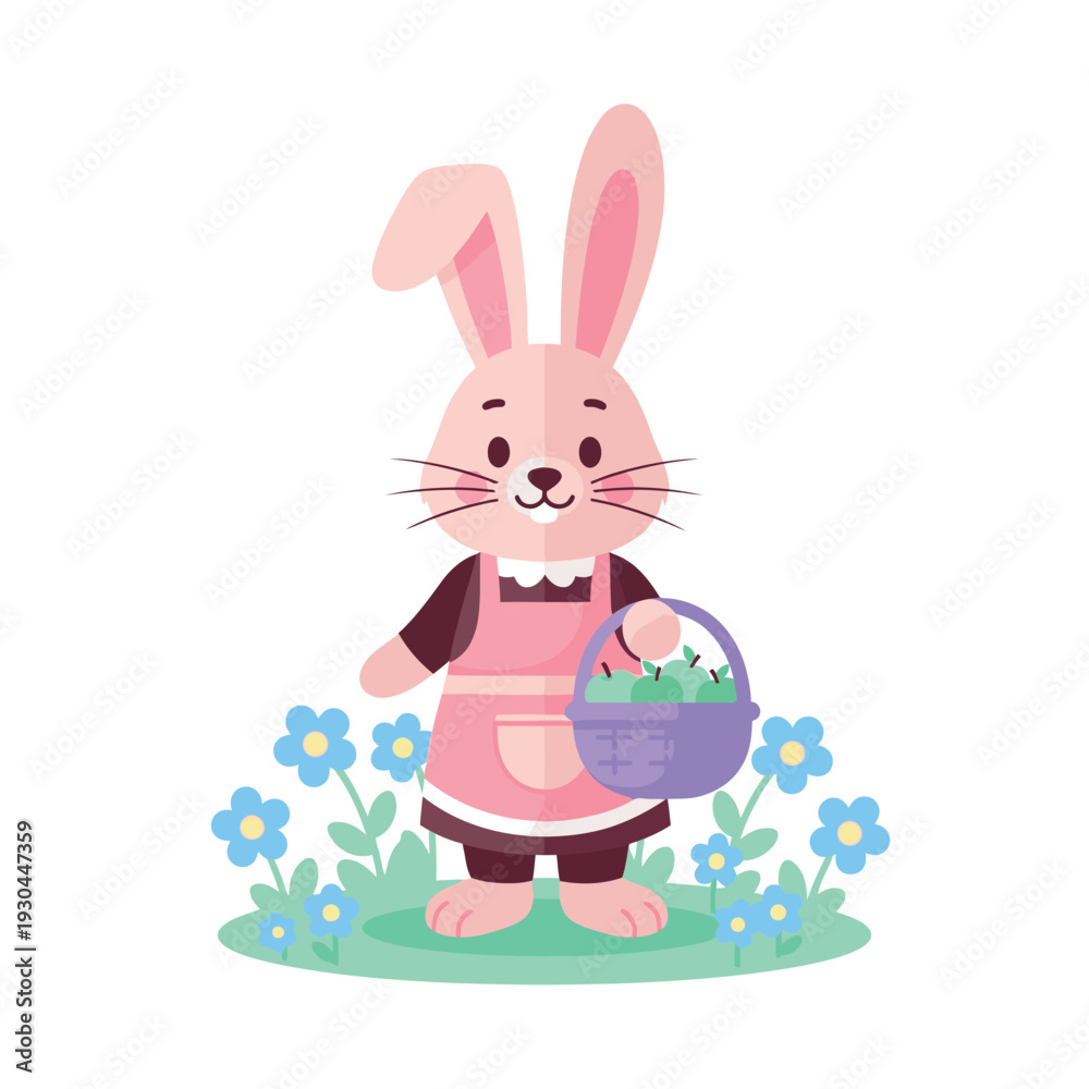 Obraz premium Easter bunny holding a basket of eggs in a floral setting.