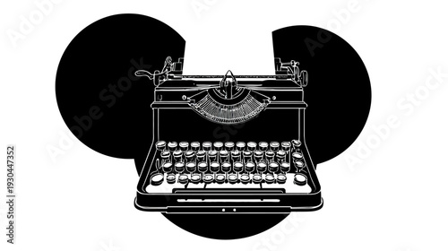 Black and white illustration of an old typewriter set against two intersecting black circles