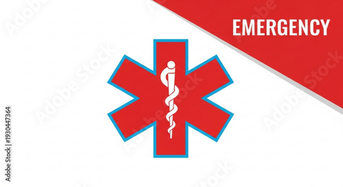 Emergency medical symbol with red star and white rod of asclepius on white background