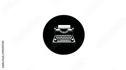 A vintage typewriter, rendered in white, is centered inside a black circle against a white backdrop