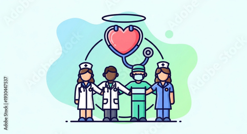 Diverse medical team standing together with a heart symbol representing healthcare unity and compassion
