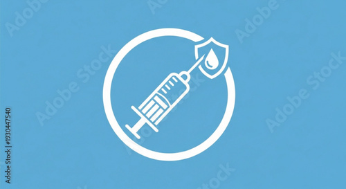 Medical protection symbol with syringe and shield on blue background representing healthcare safety and vaccination concept