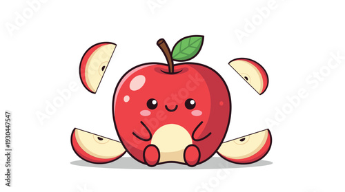 A cartoon apple character surrounded by sliced apple pieces.