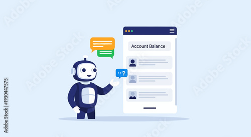 Cartoon robot character interacting with mobile banking application on smartphone screen.