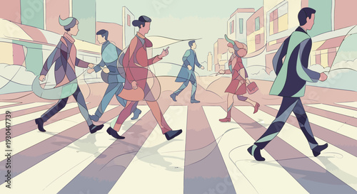 People Crossing Street in City Illustration.