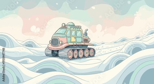 Snowcat Vehicle Driving Through Snowy Terrain.