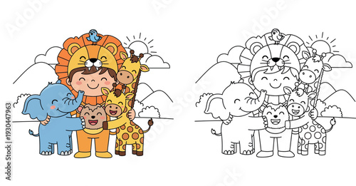 Cute boy in lion costume hugging cartoon elephant and giraffe friends vector illustration