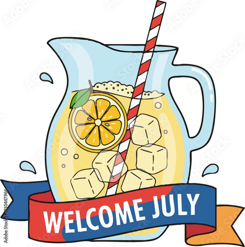 Refreshing Lemonade Pitcher Illustration with Ice and Orange