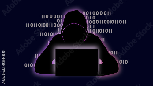 A hacker's silhouette appears against a backdrop of Matrix-style binary code