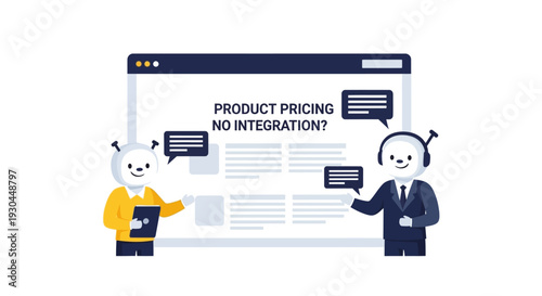 Cartoon characters discussing product pricing on a computer screen.