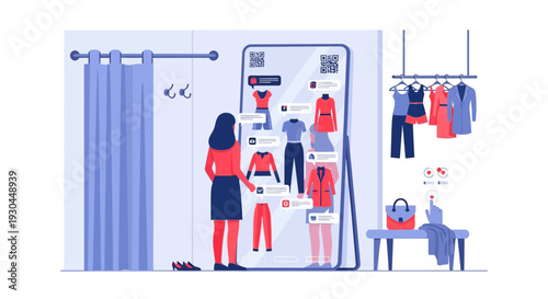 Woman trying on clothes virtually using a mobile phone in a dressing room.