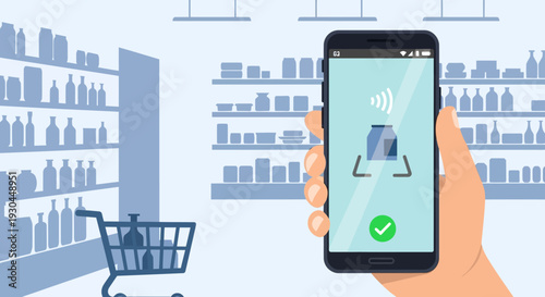 Hand holding smartphone with mobile payment interface in a store.