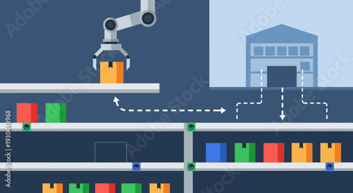 Industrial robotic arm sorting colored boxes on a conveyor belt in a factory.