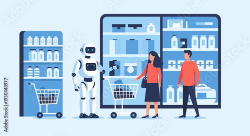 Futuristic online shopping with robot assistance and digital storefront.