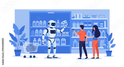 Robot assisting customers in a modern retail store environment.