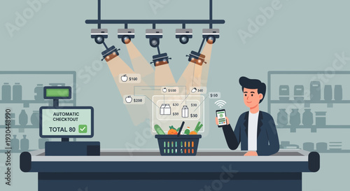 Man making contactless payment at checkout counter with mobile phone.