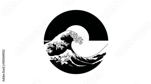 A black and white depiction of a large wave, centered in a black circle