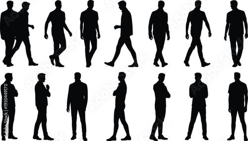 Human silhouette poses, walking figure icons, standing posture illustration, body language design, people movement graphic, character stance art, motion analysis representation