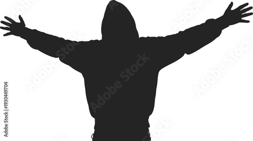 Silhouette hooded person, raised arms, victory gesture, freedom pose, triumph concept, expressive posture, dramatic illustration, urban style, symbolic design, openness