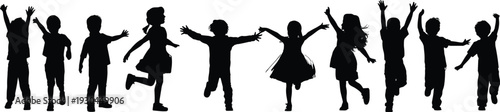 Silhouette of diverse happy children jumping and playing together in a row, joyful kids celebrating childhood, group of active friends.