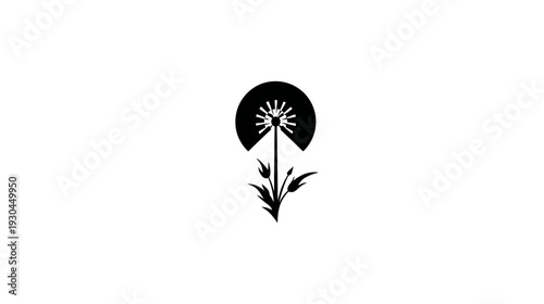 A simple black and white graphic depicting a dandelion silhouette against a white background