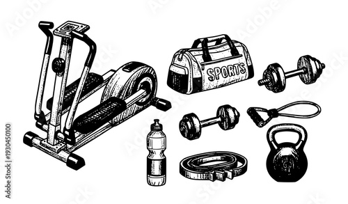 Vintage crayon sketch fitness equipment vector illustration