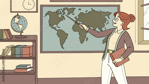 Geography teacher pointing to a world map.