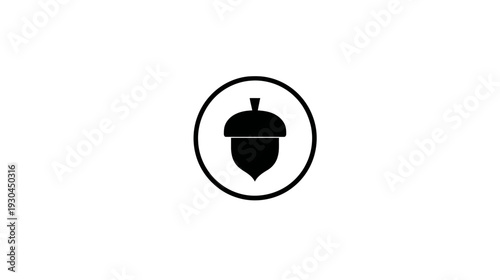 A simple, black acorn icon, contained within a black circular frame, on a plain white backdrop