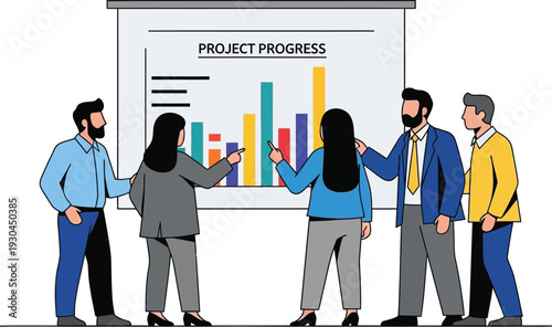 Group of professionals analyzing a project progress bar chart presentation.