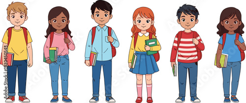 Diverse School Children Character Set with Backpacks and Books Standing Together Isolated on White Background, Cute Student Illustration Collection
