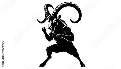 Monochromatic graphic illustration of a mighty bighorn sheep standing in a powerful, assertive stance, symbolizing strength, resilience, and wild determination