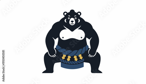 Illustration of a sumo wrestler with a bear's head and dark blue mawashi, crouching in a stance on a white background