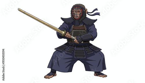 Vibrant illustration of a disciplined Kendo practitioner in traditional protective gear, wielding a bamboo training sword with focused determination, embodying Japanese martial arts