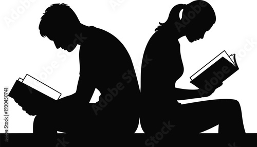 Silhouettes of a man and woman sitting back to back reading books, isolated on white background, concept of education, learning.