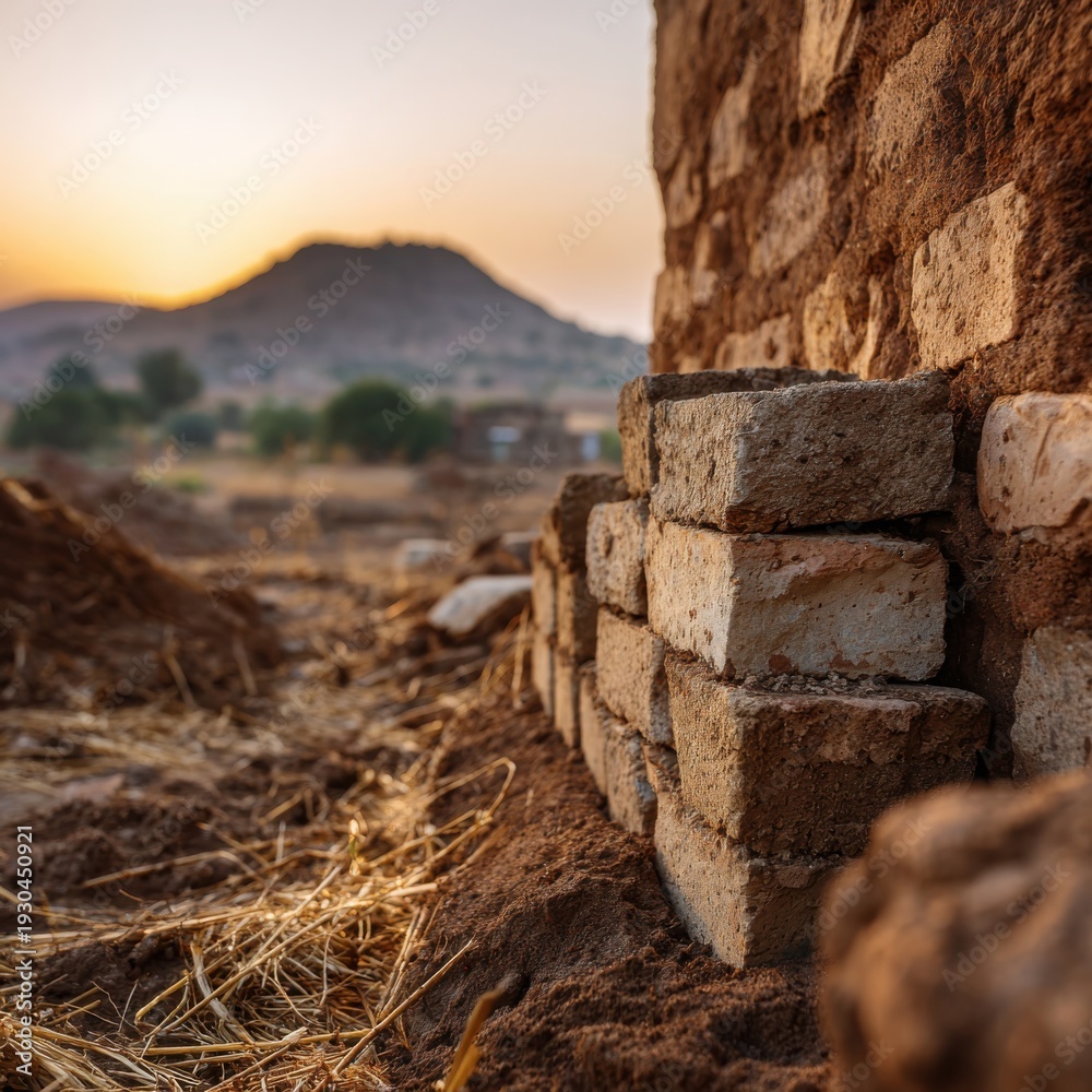 Fototapeta premium Rough clay bricks stacked beside an unfinished wall segment at sunset with a rural landscape beyond