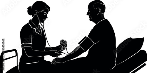Nurse Measuring Senior Patient Blood Pressure Silhouette - Medical Checkup and Hypertension Monitoring