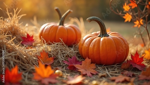 Two bright orange pumpkins rest on golden hay bales. Scattered fallen maple leaves with vivid red and orange tones surround them. Dried wheat stalks sway gently in a soft breeze.