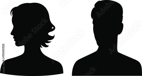 Male and female profile silhouette, human head icon design, hairstyle illustration graphic, people avatar representation, character identification concept, social figure art