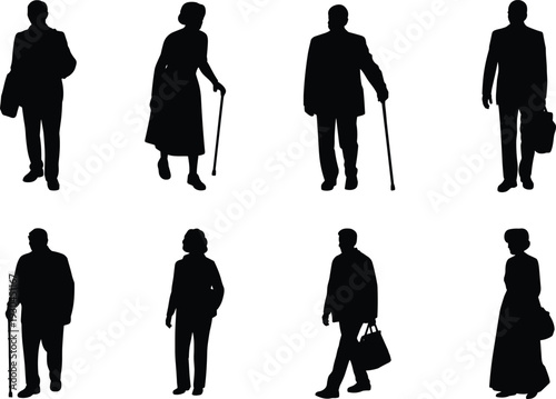Walking people silhouettes, diverse human figures, lifestyle illustration, posture design, character modeling elements, urban clipart, black white vector artwork