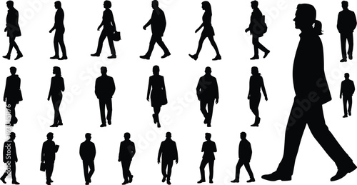 Walking people silhouettes, diverse human poses, lifestyle illustration, posture design, character modeling elements, urban clipart, black white vector artwork