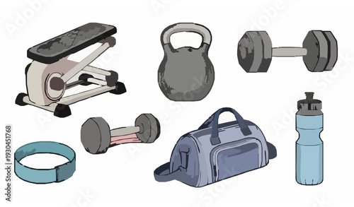 Retro hand drawn fitness equipment sketch vector set