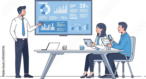 Diverse business people interact near a whiteboard displaying charts.