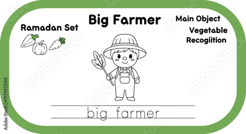 Cute Big Farmer Illustration for Kids Learning: Vegetable Recognition and Ramadan Set